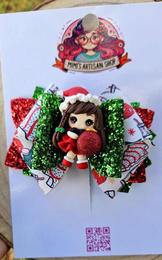 Red Chrismas hairbow , hair accessories, girl bows, 4inch , red, clay doll glitter hairbow
