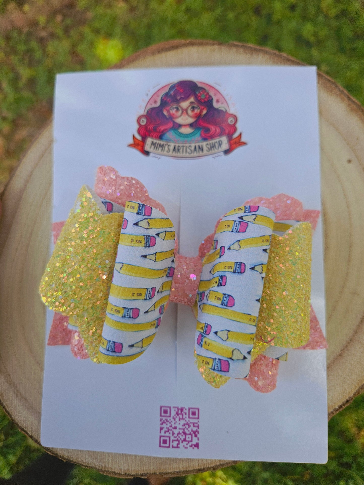 back to school hairbow 5in hairbow with pencil print with pink and yellow accents