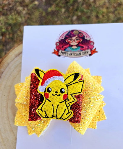 Pikachu hairbow, cute hair accessories, pokemon hairbow, girl bow, 4inch, yellow, red,