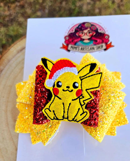 Pikachu hairbow, cute hair accessories, pokemon hairbow, girl bow, 4inch, yellow, red,