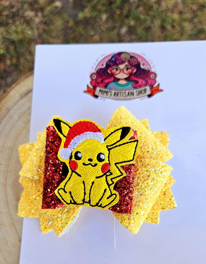 Pikachu hairbow, cute hair accessories, pokemon hairbow, girl bow, 4inch, yellow, red,