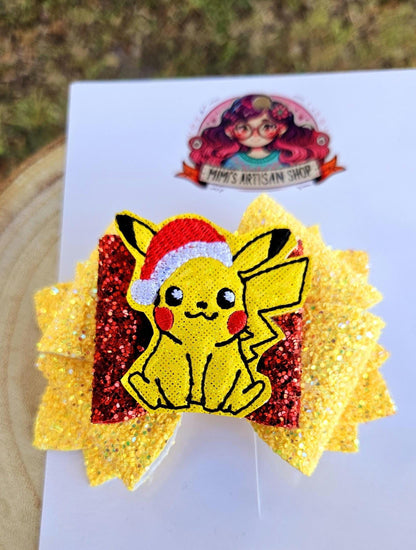Pikachu hairbow, cute hair accessories, pokemon hairbow, girl bow, 4inch, yellow, red,