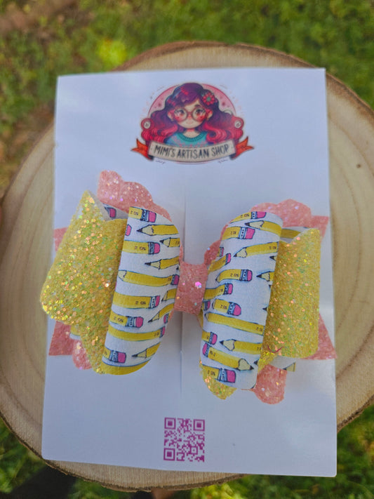back to school hairbow 5in hairbow with pencil print with  pink and yellow accents